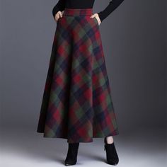 (1) Plaid Tall Waist Long Skirts For Women Autumn Winter Elegant Korean Fa – aljackie.com Modest Long Skirts, Green Grid, Plaid Wool Skirt, Midi Skirt Pattern, Pleated Long Skirt, Long Skirts For Women, Winter Skirt, Long Maxi Skirts