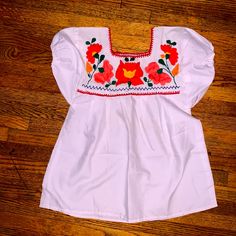 Brand New, Beautiful Shirt Hand Made For Little Girls. Cute Multicolor Embroidered Tops For Spring, Cute Multicolor Embroidery Tops For Spring, Cute White Blouse With Floral Embroidery, Cute Multicolor Embroidered Tops For Summer, Cute White Tops With Floral Embroidery, Cute Cotton Tops With Floral Embroidery, Cute Embroidered Short Sleeve Tops, Cute Red Tops With Floral Embroidery, Cute Red Cotton Blouse