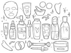 hand drawn cosmetics and face masks on white background stock photo - 1387982