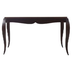 a wooden table with curved legs and a long, slender design on the bottom shelf