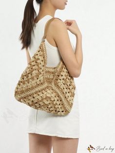 BirdinBag - Summer Vacation Straw Colorblock Bag - Large Size with Hollow Out Pattern - Ideal for Beach Travel Square Bucket Bag For Vacation, Large Capacity Square Shoulder Bag For Beach, Beige Square Shoulder Bag For Beach, Square Beige Shoulder Bag For Vacation, White Square Shoulder Bag For Beach, Beige Square Shoulder Bag For Vacation, Square Beige Hobo Bag For Travel, Brown Square Hobo Bag For Summer, Beige Square Hobo Bag For Travel