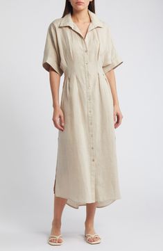 Gleaming mother-of-pearl buttons dot the front of this crisp linen shirtdress accented with stylish pleats on the bodice. 54" length (size medium) Front button closure Spread collar Short sleeves Unlined 100% linen Dry clean Imported Classic Linen Shirt Dress For Daywear, Elegant Linen Shirt Dress For Formal Occasions, Spring Beige Shirt Dress With Placket, Elegant Relaxed Fit Linen Shirt Dress, Classic Linen Midi Shirt Dress, Elegant Spring Linen Dress With Button Closure, Classic Linen Shirt Dress For Spring, Elegant Linen Button-up Shirt Dress, Collared Beige Linen Shirt Dress