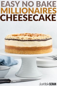 an easy no bake cheesecake on a white cake stand with the title overlay