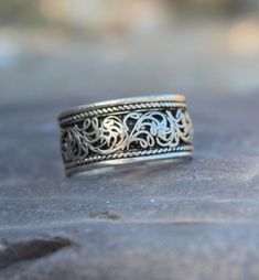 Filigree Band, Bohemian Ring, Hippie ring, Adjustable ring adjustable medium to large ring size Bohemian Wide Band Engraved Jewelry, Bohemian Engraved Ring As A Gift, Bohemian Engraved Ring As Gift, Bohemian Engraved Toe Ring, Bohemian Etched Engraved Ring As Gift, Bohemian Engraved Wedding Ring With Intricate Design, Bohemian Style Engraved Toe Ring Jewelry, Bohemian Wide Band Rings Engraved, Bohemian Rings With Engraved Wide Band