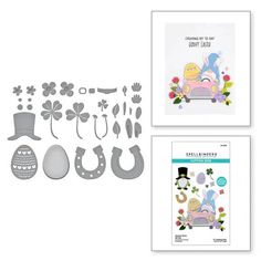 the stamp and die set includes an egg, hat, flowers, and other items