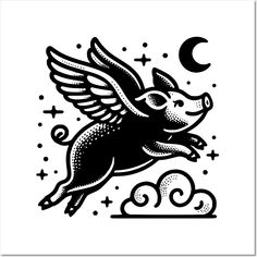 a black and white drawing of a flying pig