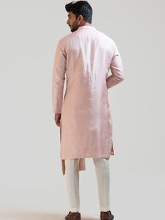 This Onion Pink Embroidered kurta set will instantly give an elegant look. This 2 piece kurta set features an onion pink bam silk kurta with box pleat detail on high and low panels, butti embroidery, front buttons fastening, and a mandarin collar. It is paired with narrow fitted pajama pants in cream color and malai cotton fabric. An ideal outfit for traditional occasions, and special events.

Size Chart For Men





	
	
					Men's Size Chart
		

		
		
						
				Size Chart For Men
				Custom Si Pink Straight Kurta For Formal Occasions, Fitted Slub Silk Straight Kurta, Pink Kurta For Formal Transitional Events, Pink Slub Silk Long Sleeve Traditional Wear, Pink Formal Kurta For Transitional Season, Formal Pink Kurta With Traditional Drape, Formal Semi-stitched Cotton Silk Kurta, Luxury Pink Ceremonial Kurta, Fitted Cotton Silk Straight Kurta