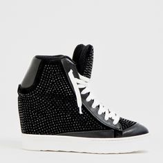 Our cult favorite fearless wedge sneaker now adorned in black luxe crystals. We are taking things to a new level of beautiful. We love to see you sparkle and know you will love our black crystal fearless wedge sneakers. Product Details Napa leather 3 inch wedge Made in Italy White Wedge Sneakers, Black Wedge Sneakers, White Wedges, Black Wedge, Wedge Sneakers, Boot Pumps, Black Sneakers, Black 7, Pumps Flat