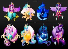 some very cute little ponys with different colors and designs on their faces, all in different