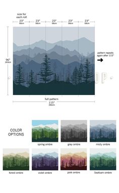 the mountain range is shown with different colors and sizes, including pine trees on each side