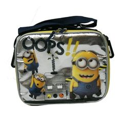 Lunch Bag. Size (Approx.) ~9" x 8" x 4". Zipper Closure. Carry Handle. Adjustable Shoulder Strap Color: Gray. Back To School Character Bag With Rectangular Shape, Character Bags For Back To School, Back To School Character Bag Rectangular, Character Rectangular Bags For Back To School, Back To School Character Print Bag, Back To School Character Print Bags, Minion School, Despicable Me 2 Minions, Boys Backpack