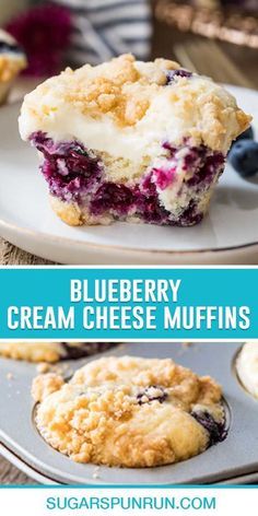 blueberry cream cheese muffins on a white plate