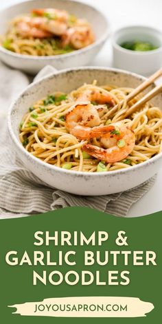 shrimp and garlic butter noodles in a bowl with chopsticks