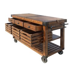 a wooden table with drawers on wheels