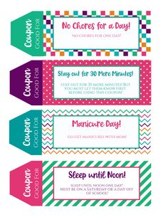 four colorful printable coupon labels with hearts and stripes on the top, one for each