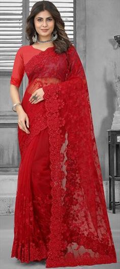 Red and Maroon color Saree in Net fabric with Embroidered, Moti, Resham, Stone, Thread work Red Blouse Piece For Reception On Eid, Red Blouse Piece For Reception Eid, Red Blouse Piece For Reception And Eid, Red Saree For Festive Reception, Red Saree With Dori Work For Reception, Red Georgette Saree For Wedding, Red Georgette Fabric With Dori Embroidery, Red Georgette Blouse For Wedding, Red Georgette Blouse Piece For Wedding