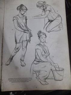 an old book with drawings of women in different poses and clothes on it's pages