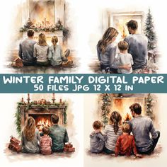 watercolor family digital paper set with fireplace and christmas tree in the background, includes photoshopped images