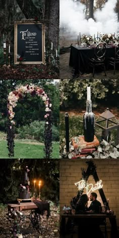 a collage of photos with candles, flowers and signs in the middle of them