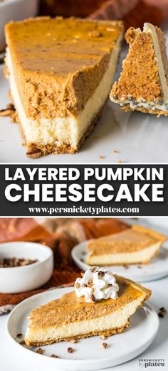 layered pumpkin cheesecake with whipped cream on top