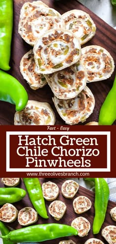 green chile chorizo pinwheels on a cutting board with peppers