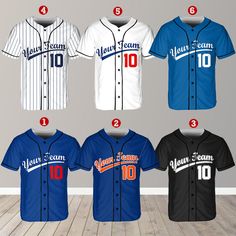 six baseball jerseys with the names of each team and number on them, all in different colors