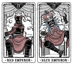 two tarot cards with the same image as each card, one in black and white