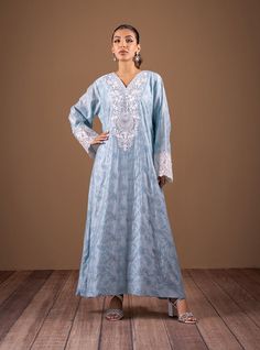 Timeless Blue – Zainab Chottani International Elegant Floral Embroidered V-neck Kaftan, Elegant Kaftan With Chikankari Embroidery For Wedding, Light Blue Chikankari Embroidery Dress, Traditional Light Blue Dresses For Eid, Light Blue Embroidered Dress For Eid, Elegant V-neck Chikankari Embroidered Dress, Light Blue Maxi Dress For Eid, Blue Chikankari Embroidery V-neck Kurta, Eid Long Sleeve Dress With Cutwork