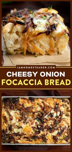 an easy cheesy onion focaccia bread casserole recipe that is ready to be eaten