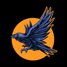 a blue bird flying in front of an orange sun