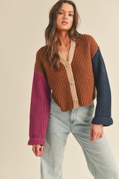 Color block knit sweater cardigan + Button down placket + Drop shoulder long sleeves + Folded cuffs + Semi-cropped boxy fit Colour Blocking Fashion, Levis Outfit, Drop Shoulder Cardigan, Queer Fashion, Color Block Cardigan, Lifestyle Trends, Favorite Sweater, Comfy Sweaters, Sweater Knitting Patterns