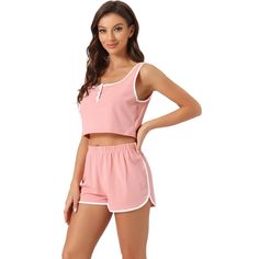 This soft fabric and breathable loungewear set for women is constructed of 65% Cotton and 35% Polyester fabric, comfy, moisture-wicking, breathable, and skin friendly. Featuring sleeveless 2 piece outfits, rib-knit shorts set, high waist, solid color, square neck button-down crop tank, and elastic waist shorts design, make you feel cozy all night, enjoy a comfortable sleep and sweet dream.No matter the cozy bedtime, casual home relax, laze afternoon, comfy bath, the soft loungewear could company Casual Sleeveless Lounging Sets, Casual Sleeveless Sleepwear Sets, Casual Sleeveless Loungewear Sets, Sleeveless Summer Lounging Sets, Sporty Pajama Shorts For Summer Relaxation, Sleeveless Cotton Activewear For Loungewear, Casual Sleeveless Sleepover Sets, Comfortable Summer Loungewear Activewear, Sleeveless Summer Activewear For Relaxation