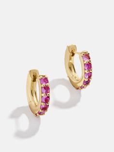 18K Gold Birthstone Huggie Earrings - Ruby Gold Birthstone Huggie Earrings Fine Jewelry, Elegant Gold Huggie Earrings With Birthstone, Gold Earrings With Ruby Birthstone, Gold Ruby Earrings, Pierced, Red Ruby Birthstone Earrings, Bridal Earrings Studs, Baublebar Earrings, Safety Pin Earrings, Rose Gold Quartz