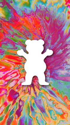 a white teddy bear sitting on top of a colorful liquid painting wallpaper with an abstract background