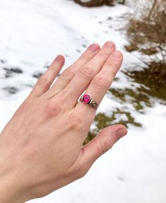 "10K Rose Gold and Green Gold Red Spinel Ring - Antique Engraved Ring with Gemstone - Ornate Edwardian Solid Gold Ring - WhistlingGypsyVTG Stone Size: 8mm (Synthetic Red Spinel) Shoulder Width: .300\" Base Width: .115\" Size: 7 Stamped: Though unmarked with metal purity the ring tests positive for 10k gold using an acid test. Wonderfully crafted of both 10k rose and yellow gold during the early 1900s, this sweet antique ring showcases a synthetic pinkish-red spinel bezel set. Scrolled green gold Unique Ruby Promise Ring With Accent Stones, Bohemian Pink Rings For Anniversary, Bohemian Pink Ring For Anniversary, Bohemian Pink Wedding Rings, Handmade Pink Ruby Rings, Vintage Adjustable Red Ruby Ring, Vintage Yellow Gold Carnelian Ring, Antique Red Signet Ring In 14k Gold, Victorian 14k Gold Red Ring