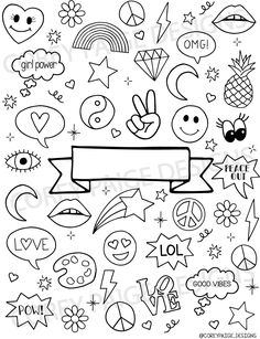 a black and white drawing of different symbols