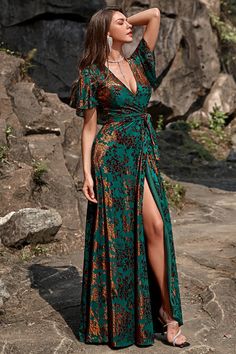 A-Line V Neck Dark Green Burnout Velvet Floor Length Dress with Short Sleeve Velvet Floor Length Dress, Boho Formal Dress, Teal Green Dress, Copper Dress, Gold Wedding Dress, Dark Green Dress, Velvet Bridesmaid Dresses, Floor Length Prom Dresses, Burnout Velvet