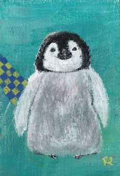 a painting of a penguin on a blue background