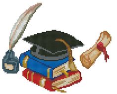 an image of a cross stitch pattern with a graduation hat and book holding a scroll