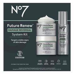 Discover a world first peptide technology in No7's Future Renew Damage Reversal Skincare. This skincare system features No7's Future Renew Damage Reversal Serum, Future Renew Damage Reversal SPF 25 Day Cream, and Future Renew Damage Reversal Night Cream that reverse visible signs of skin damage. This skincare kit is formulated with Pepticology, No7's new and patent-pending peptide technology. Pepticology is exclusive to No7's Future Renew line and supports the skin's natural self-repair process. Skincare For Anti Aging, Skin Dryness, Skin Care System, Wrinkled Skin, Skin Care Kit, Skin Care Serum, Broad Spectrum Sunscreen, Day Cream, Skincare Set