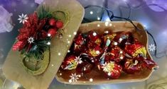 christmas candies are in a basket on the table