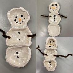 three snowmen made out of clay sitting next to each other