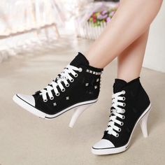 Black Canvas Denim Rivet Lace up High Heels Shoes on Storenvy Casual Fabric Heels With Round Toe, Trendy Fabric Heels, Round Toe Fabric Canvas Shoes, Fabric Canvas Shoes With Round Toe, Casual High Ankle Heels For Summer, Casual High Ankle Summer Heels, Trendy Fabric Canvas Shoes, Spring Sneakers Women, Retro Quotes