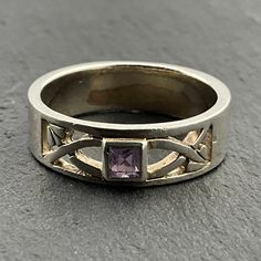 Vintage Amethyst Sterling Silver Band Ring, UK Size P1/2, US Size 7 3/4, EU Size 56, Stamped 925, Front Max Length 5.9mm, Weight 5.17 Grams, Lovely Condition Sterling Silver Rings Bands, Silver Band Ring, Solitaire Rings, Sterling Silver Bands, Silver Band, Solitaire Ring, Band Ring, Band Rings, Jewelry Rings