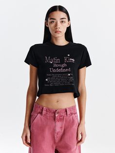 This is a casual and trendy T-shirt by Matin Kim that is made out of high quality and sturdy material. With distinctive mood of the design and comfortable wear, you can style it for your casual daily outfit.- Matin Kim lettering logo detail- Star embroidery point- Cropped length Comfortable Slogan T-shirt For Streetwear, Comfortable Black T-shirt With Letter Print, Black Comfort Fit T-shirt With Letter Print, Black Comfort-fit T-shirt With Letter Print, Trendy Comfortable Fit Tops For Streetwear, Fitted Black Hip Hop T-shirt, Black Fitted Hip Hop T-shirt, Comfortable Black T-shirt With Graphic Print, Black Screen Print Top With Comfortable Fit