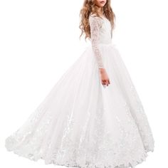 PRICES MAY VARY. HIGH-END DRESS: Girls luxury party dresses, little big princess bridesmaid formal wedding party long sleeve lace dress, designed with pageant floor length ball gowns puffy tulle skirts, a top choice to create an unforgettable elegant look for your sweet daughter, granddaughter, niece, friends’ princess, ect EXQUISITE DESIGN: Beautiful lace flower girl dress, is a o-neck, long sleeves, sheer lace spliced bodice, wedding dress with lovely bowknot at front, buttons and zipper-up re Puffy Tulle Skirt, Girls First Communion Dresses, Gonna In Tulle, Tulle Balls, Kids Party Dresses, Girls Christmas Dresses, Flower Girl Dress Lace, Tulle Ball Gown, Lace Dress Long