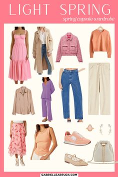 Get inspired by these spring 2024 capsule wardrobe tailored to each of the 12 seasonal color analysis palettes. Including spring capsule wardrobes and outfit ideas for Dark Autumn, True Autumn, Soft Autumn, Soft Summer, True Summer, Light Summer, Light Spring, True Spring, Bright Spring, Bright Winter, True Winter, and Dark Winter. Including the seasonal color palette examples and shopping pieces. spring capsule wardrobe | spring fashion | spring outfits | seasonal color palettes Light Spring Color Palette Wardrobe, Light Spring Soft Natural, Early Spring Color Palette, Spring Light Warm Outfit, Light Spring Outfit Ideas