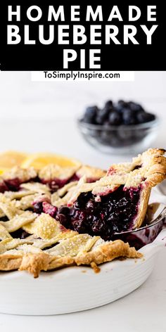 homemade blueberry pie in a white dish with text overlay