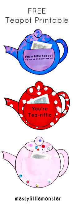 three teapots with the words free teapot printable on them, and one has