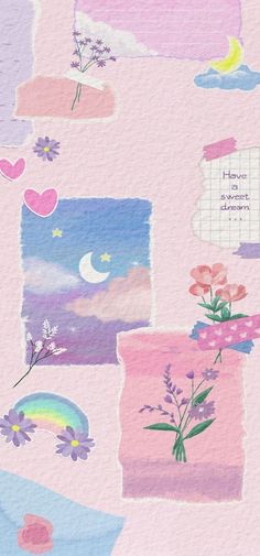 watercolor flowers and hearts on pink paper